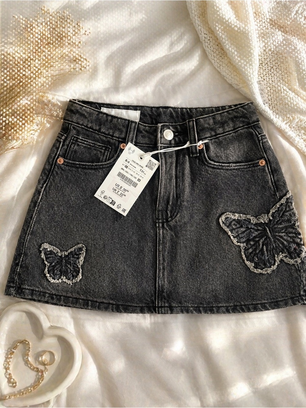Zara Black Denim Mini Skirt with Butterfly Appliqués